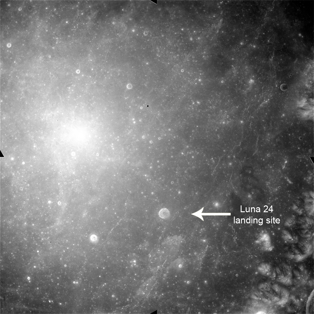 Apollo Metric image (frame ID AS15-M-0367) with annotation of Luna 24 landing site and showing opossition effect.