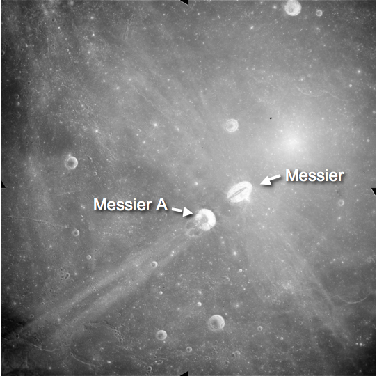 Apollo Metric image (frame ID
AS15-M-2405)Region in Mare Fecunditatis with unusual elliptical
craters Messier and Messier A.