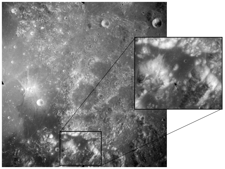 Apollo Metric image (frame ID AS15-M-0564) Impact site of the Apollo 17 Lunar Module in the Taurus-Littrow region. This image was taken nearly a year and a half prior to the impact. The Apollo 17 Lunar Module 